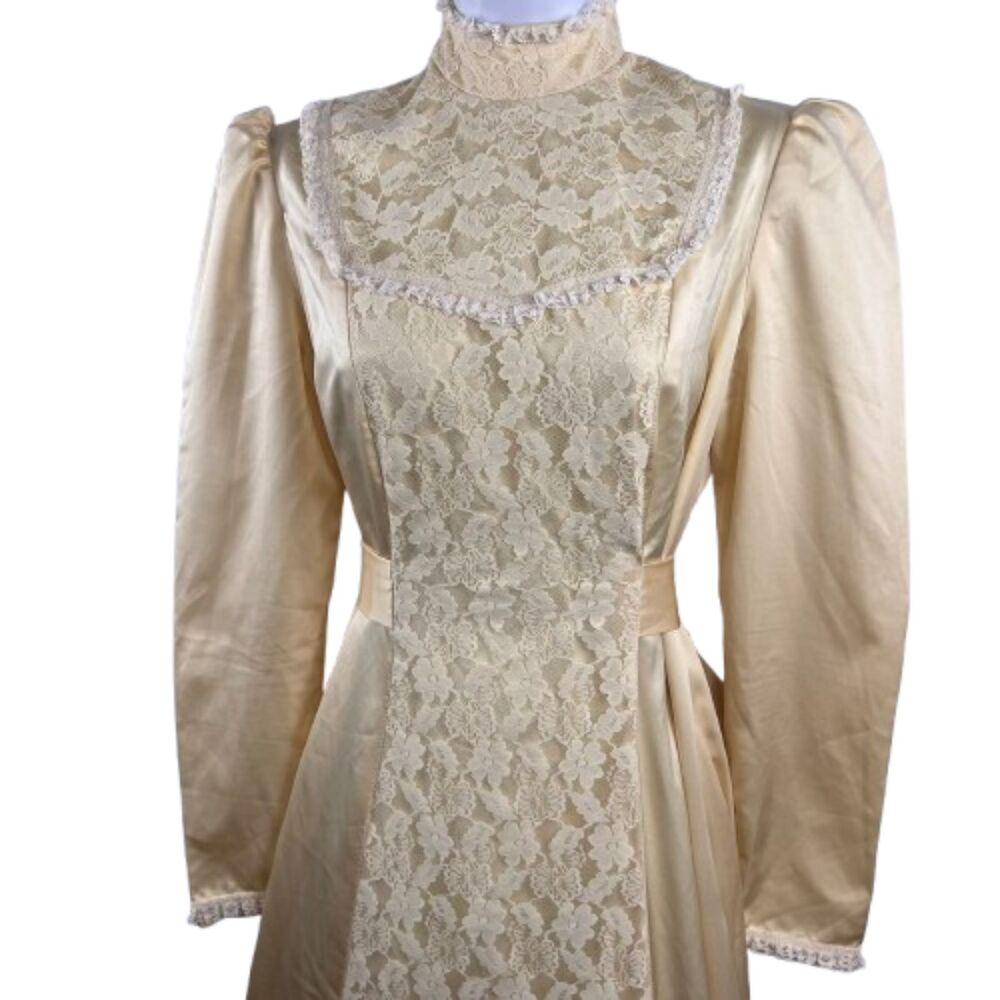 Vintage Cream Satin Lace Prairie Maxi Dress High Neck Long Sleeve Victorian -S/M - Picture 5 of 5